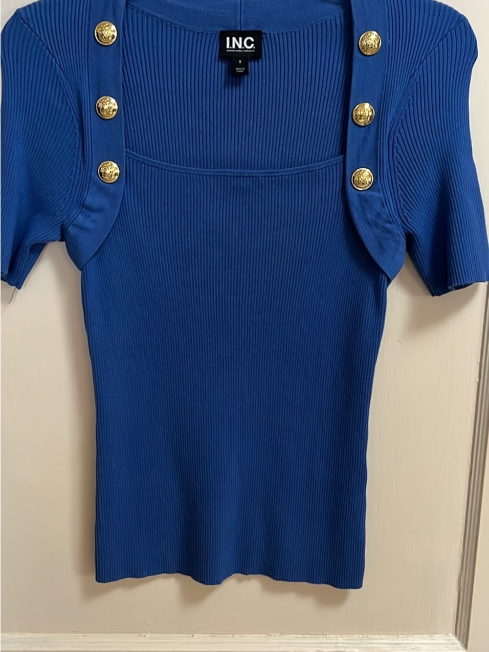 INC International Concepts Royal Blue Ribbed Square-Neck Top with Gold Buttons